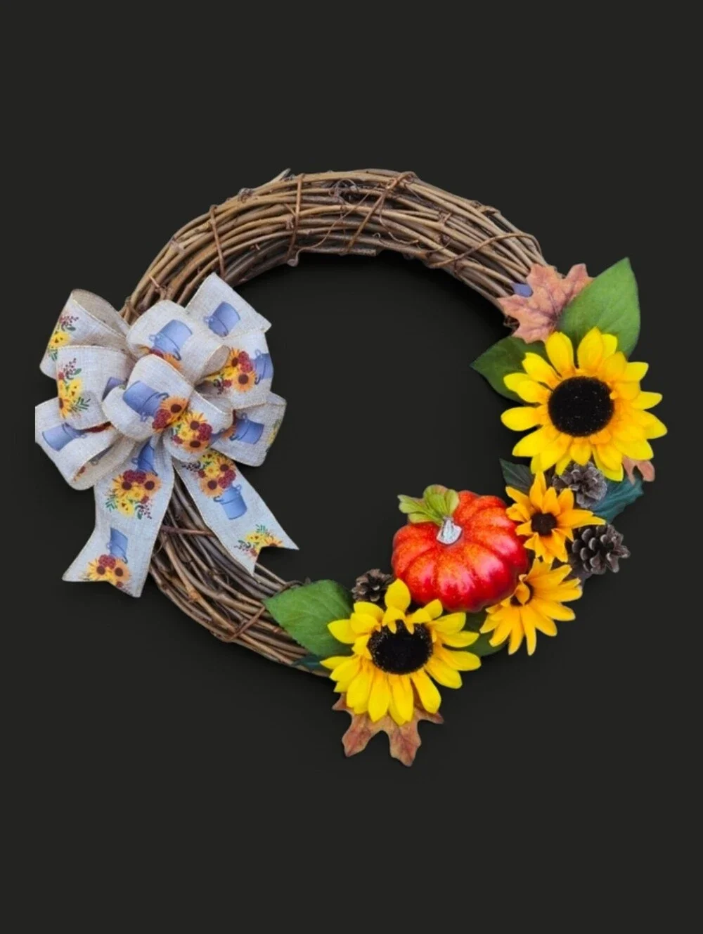 Handmade Autumn Grapevine Wreath with Sunflowers and Pumpkin